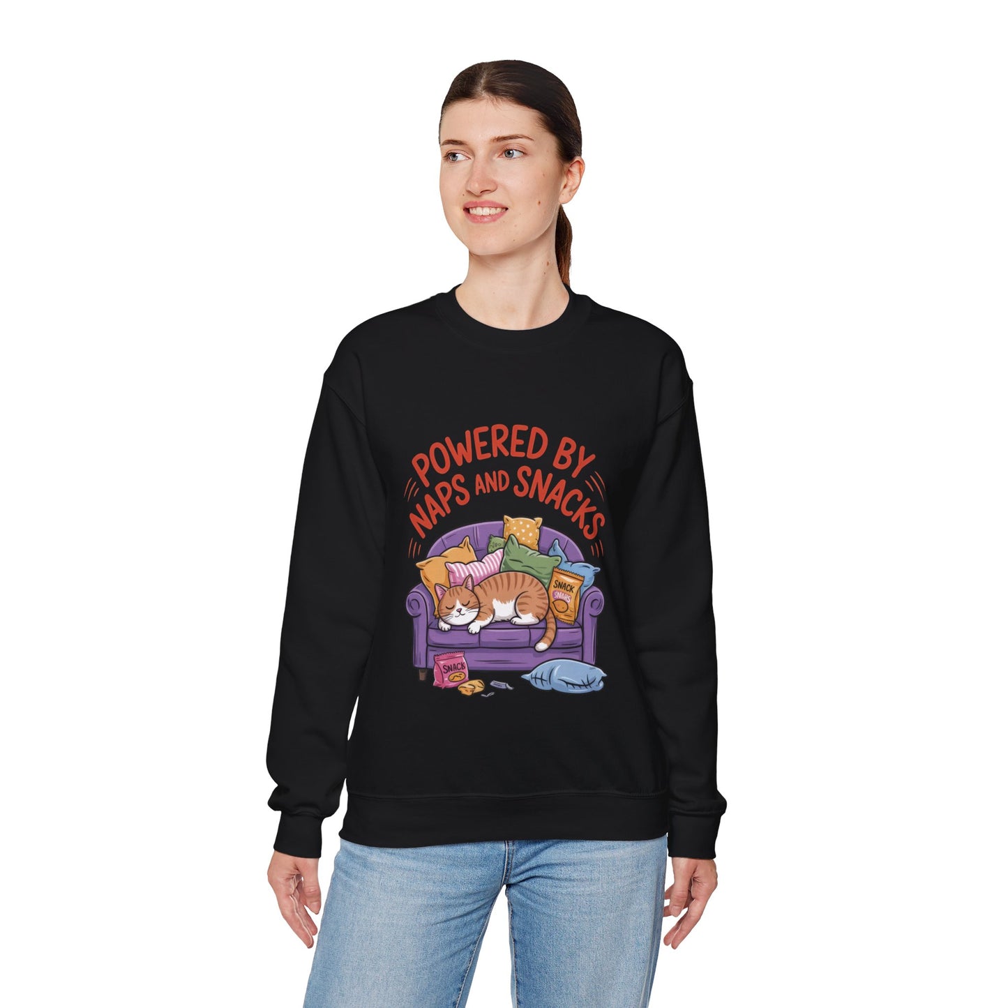 Powered by Naps and Snacks Sweatshirt, Cozy Lounge Crewneck, Gifts for Cat Lovers, Funny Cat Sweatshirt, Casual Everyday Wear