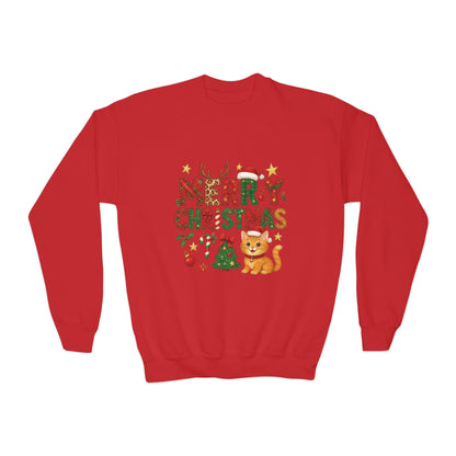 Merry Christmas Cat Sweatshirt for Girls, Cozy Holiday Kitten Jumper, Youth Crewneck Sweatshirt