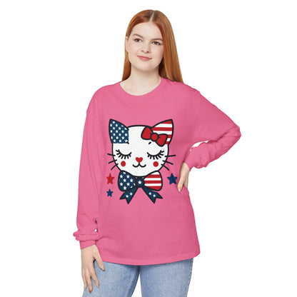 Patriotic Cat Long Sleeve T-Shirt, Women's Tee, Perfect for Fourth of July, Animal Lover Gift, Cozy Casual Wear, Holiday Apparel