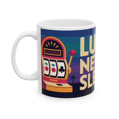 LUCK NEVER SLEEPS Mug, Retro Vegas Slot Machine Coffee Cup, Casino Gift, Gambling Lover Gift Idea, Perfect for Gamers, Poker Nights