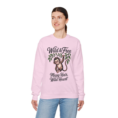 Wild & Free Monkey Sweatshirt, Messy Hair Wild Heart Womens Pullover, Cute Jungle Animal Sweater, Boho Adventure Graphic, Nature Lover Gift