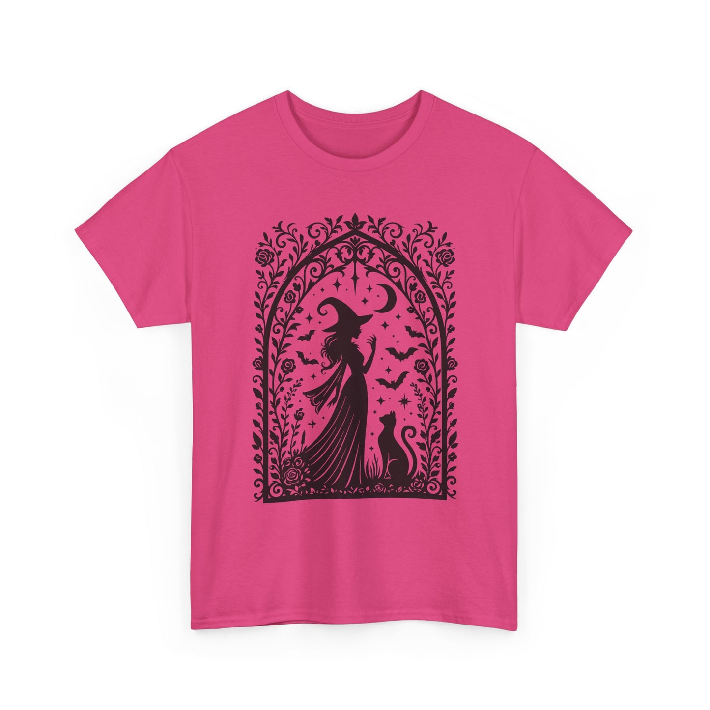 Gothic Witch & Cat Women's T-Shirt, Elegant Halloween Moon Silhouette Witchy Graphic Tee