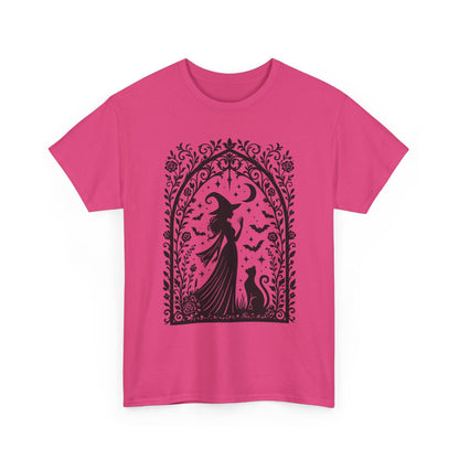 Gothic Witch & Cat Women's T-Shirt, Elegant Halloween Moon Silhouette Witchy Graphic Tee