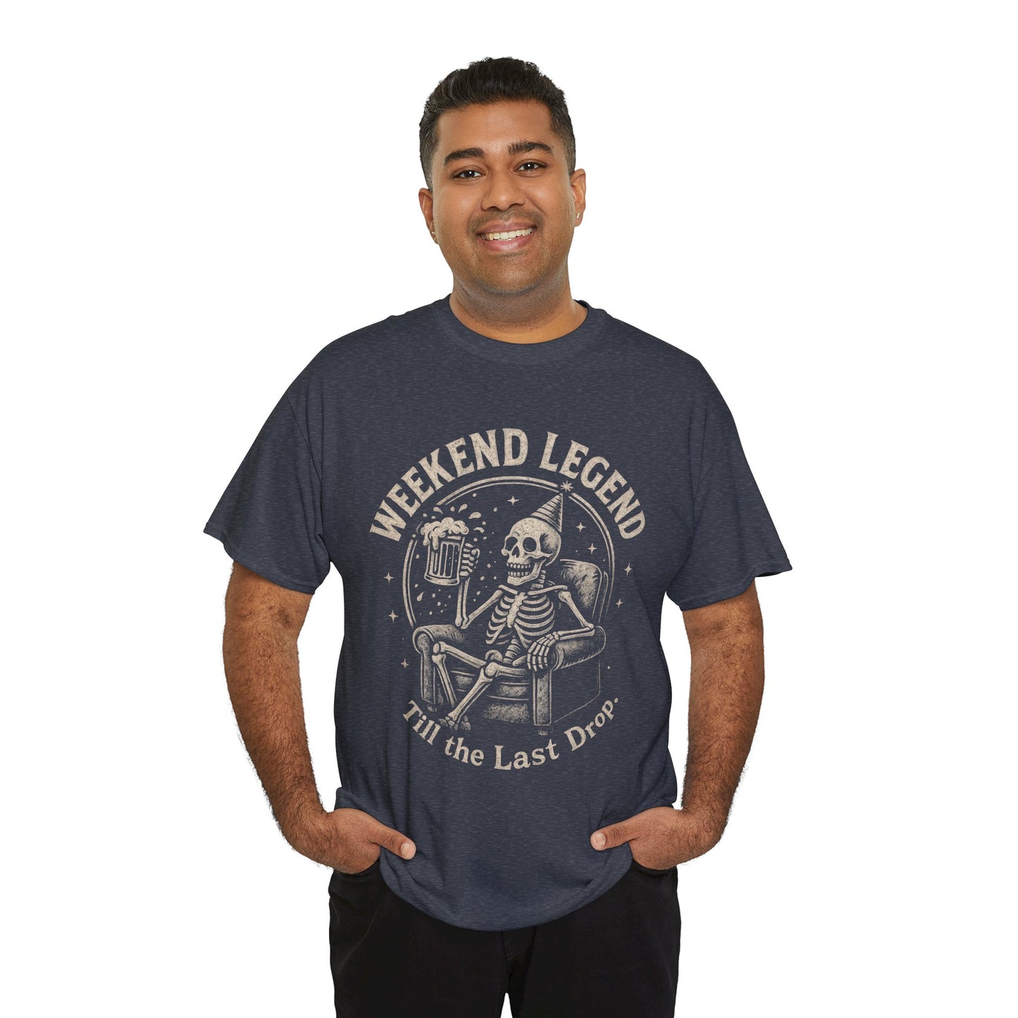 Weekend Legend Mens T-Shirt, Funny Skeleton Beer Tee, Till the Last Drop Party Shirt, Vintage Style Graphic Tee for Him, Halloween Apparel