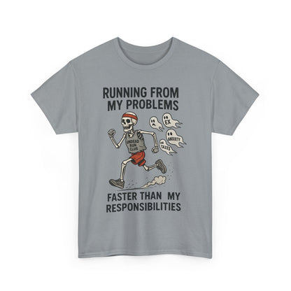 Skeleton Runner Tee for Men, Undead Jogging Club Shirt, Halloween T-Shirt, Gift for Runners, Anxiety Humor Gift