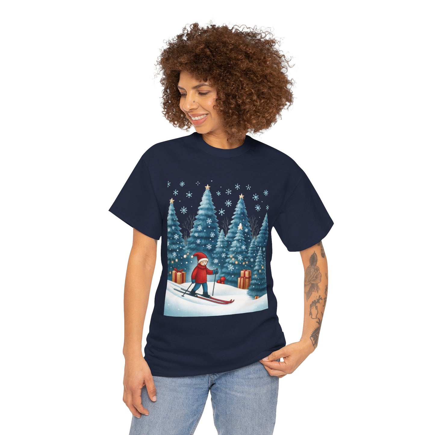 Womens Cute Winter Holiday Graphic Tee, Christmas Skiing T-Shirt, Women's Heavy Cotton Tee
