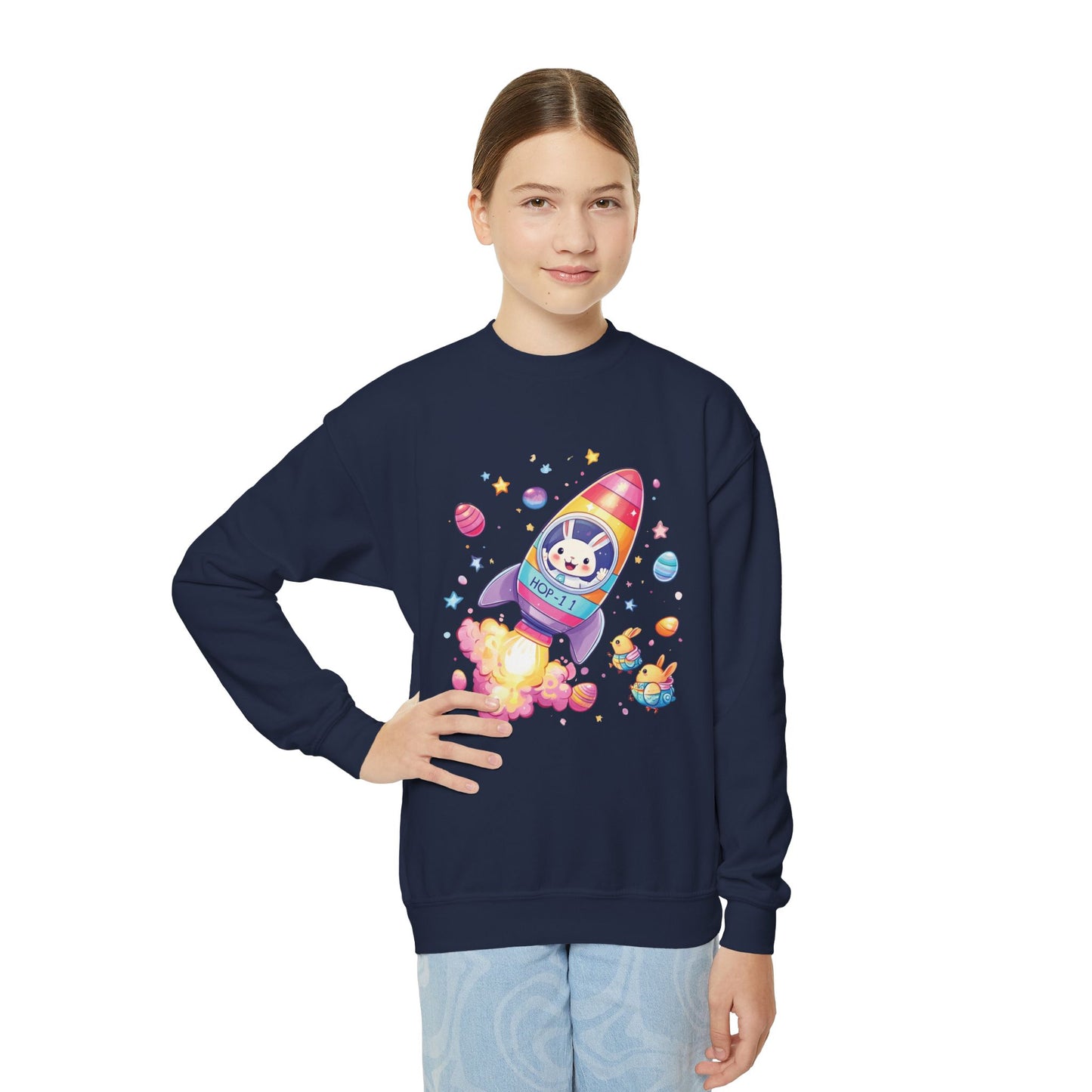 Astronaut Easter Bunny Youth Sweatshirt - Cute Rocket Bunny Design, Space Adventure Spring Shirt, Fun Holiday Gift for Kids