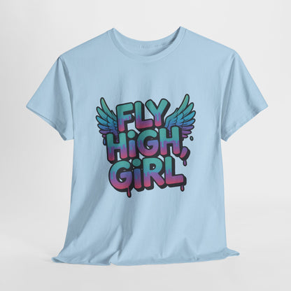 Womens Graphic Tee Fly High Girl, Angel Wings Graffiti Drip T-Shirt, Bold Streetwear Top