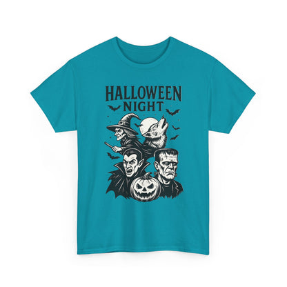Halloween Night Men's T-Shirt, Classic Monsters Graphic Tee, Witch, Vampire, Frankenstein, Werewolf