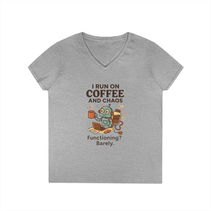 Funny Coffee and Chaos Ladies' V-Neck T-Shirt, Gift for Coffee Lovers, Quirky Tee, Casual Wear, Unique Humor Shirt, Work from Home Humor Tee