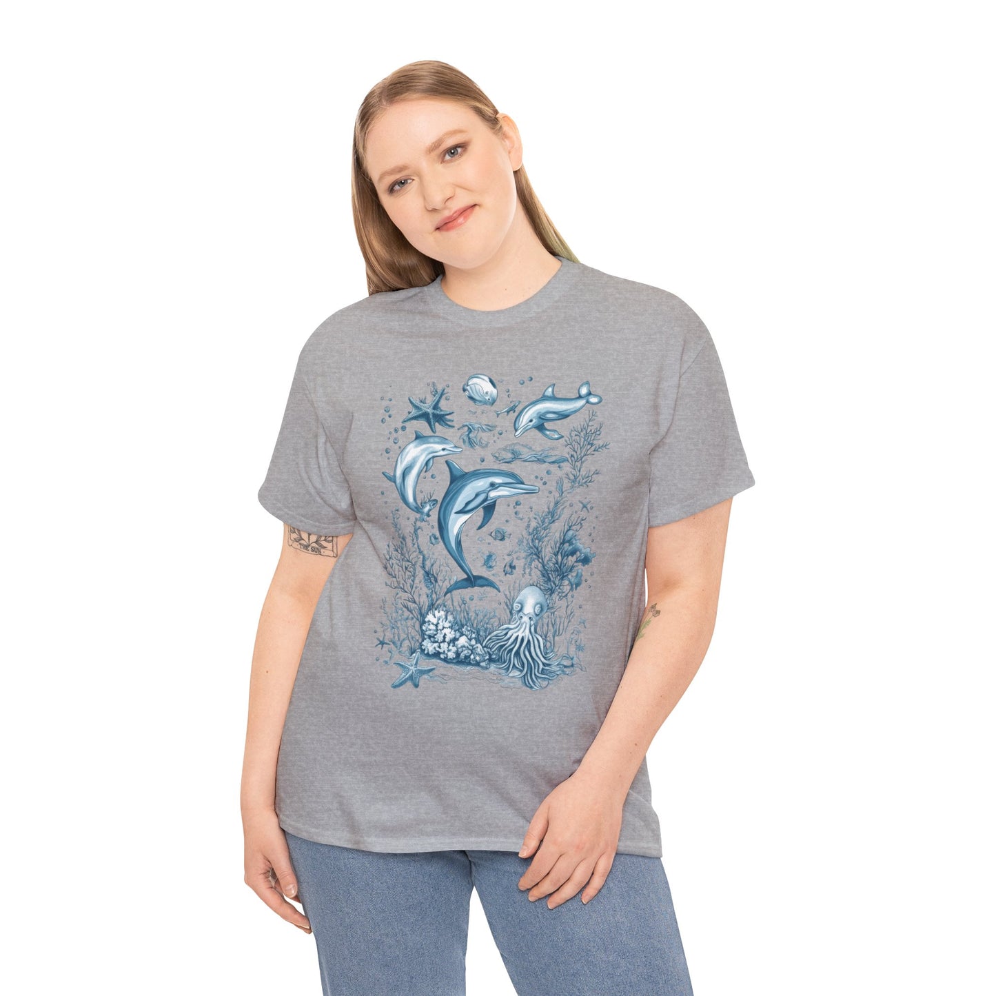Ocean Life Dolphin T-Shirt, Women's Cotton Tee with Underwater Sea Creatures, Marine Nature Gift Shirt, Perfect for Beach Lovers
