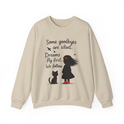 Cozy Farewell Girl & Cat Pullover, Hand Drawn Red Dress Art, Minimalist Womens Crewneck