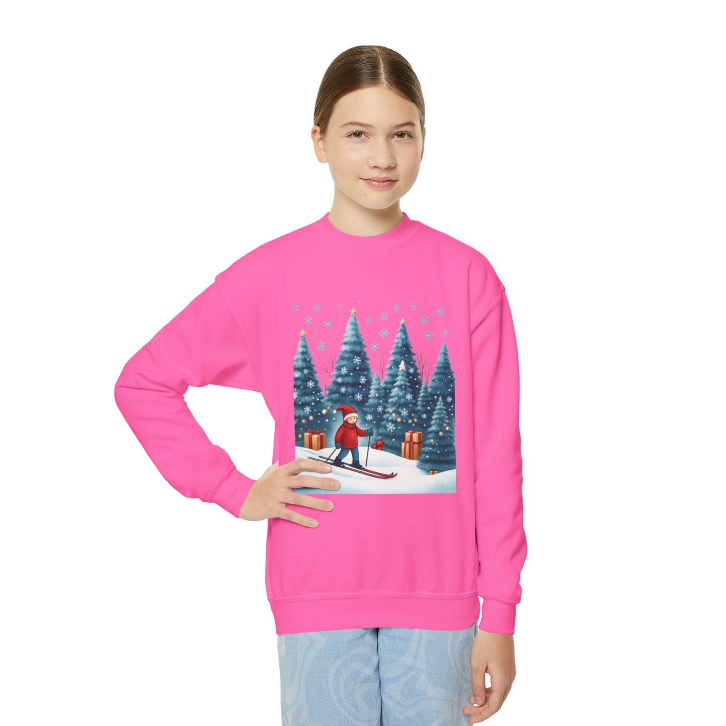 Kids Christmas Skiing Sweatshirt, Cute Holiday Winter Pullover, Youth Crewneck Sweatshirt