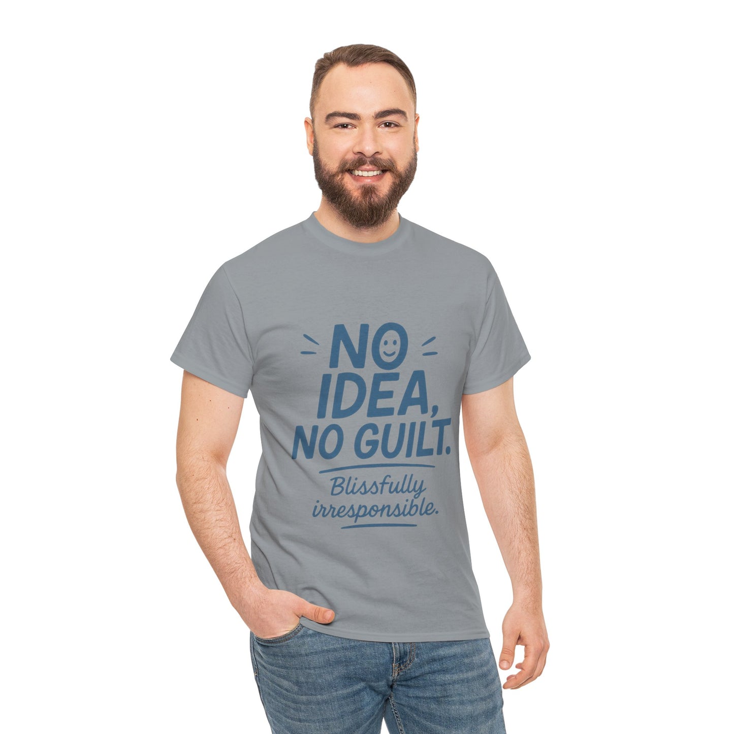 Funny No Idea Mens T-Shirt, No Guilt Blissfully Irresponsible Quote, Casual Relaxed Fit Tee, Humor Gift for Him, Humorous T-Shirt