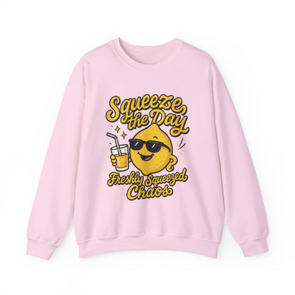 Funny Lemon Womens Sweatshirt - Squeeze The Day Freshly Squeezed Chaos Cozy Pullover - Citrus Positive Crewneck Sweatshirt, Cheerful Fashion