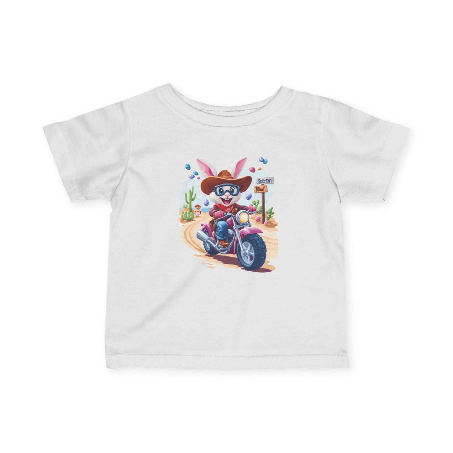 Biker Bunny Baby Tee - Cute Easter Rabbit on Motorcycle Shirt for Infants, Funny Spring Outfit, Gift for 6-24 Month Old Babies