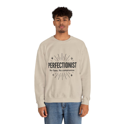 Men's Perfectionist Sweatshirt, Bold No Flaws No Compromise Design, Clean Look Funny Gift for Him, Minimal Black Graphic Pullover