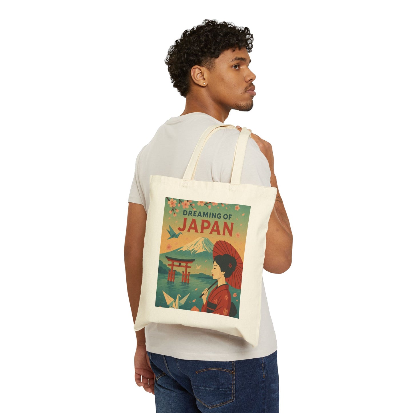 Dreaming of Japan Canvas Tote Bag, Eco-friendly Bag, Travel Tote, Gift for Travelers, Japanese Art Bag, Floral Design Bag
