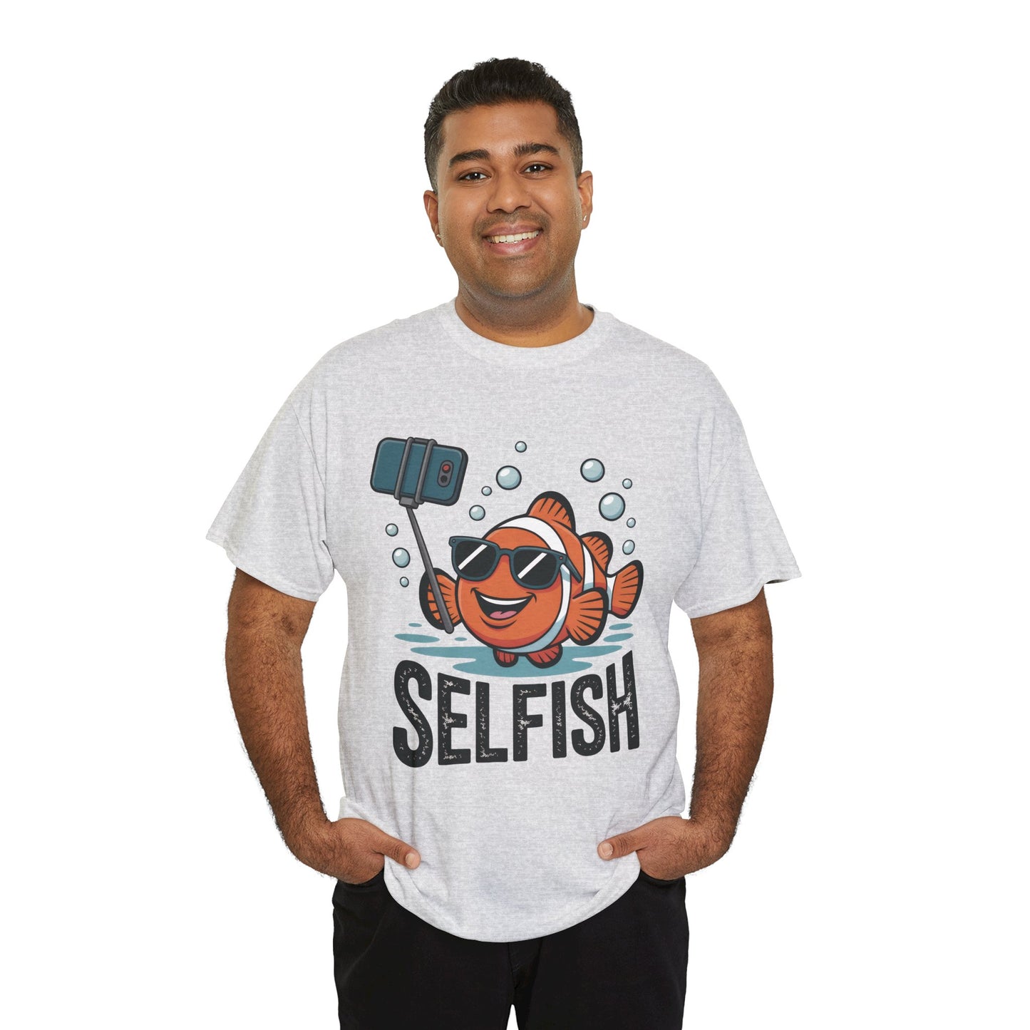 Unisex Heavy Cotton Tee, Mens Selfish Funny Fish T-Shirt, Cute Selfie Graphic Tee, Ocean Humor Shirt