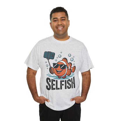 Unisex Heavy Cotton Tee, Mens Selfish Funny Fish T-Shirt, Cute Selfie Graphic Tee, Ocean Humor Shirt