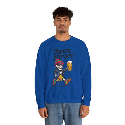 Cheers Mortals! Mens Crewneck Sweatshirt, Skeleton Beer Pullover with Hood, Drinking Humor Sweatshirt, Party Gift for Him, Halloween Apparel
