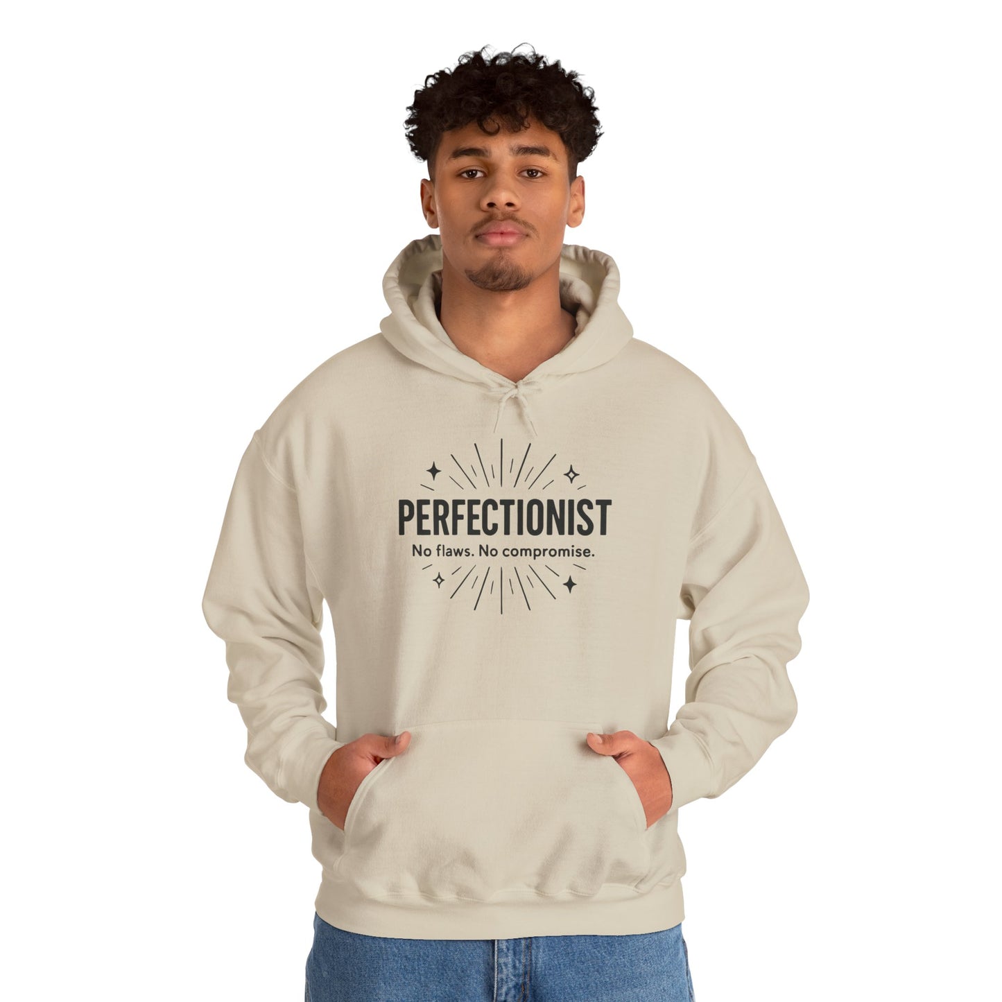 Mens Perfectionist Hoodie, No Flaws No Compromise Sweatshirt, Clean Bold Motivational Pullover, OCD Inspired Gift for Him