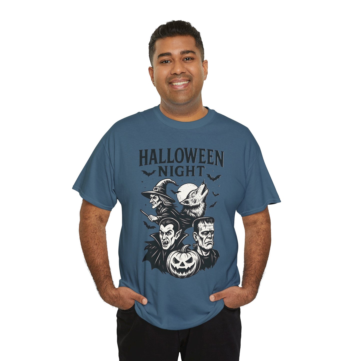Halloween Night Men's T-Shirt, Classic Monsters Graphic Tee, Witch, Vampire, Frankenstein, Werewolf