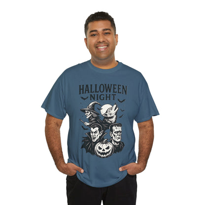 Halloween Night Men's T-Shirt, Classic Monsters Graphic Tee, Witch, Vampire, Frankenstein, Werewolf