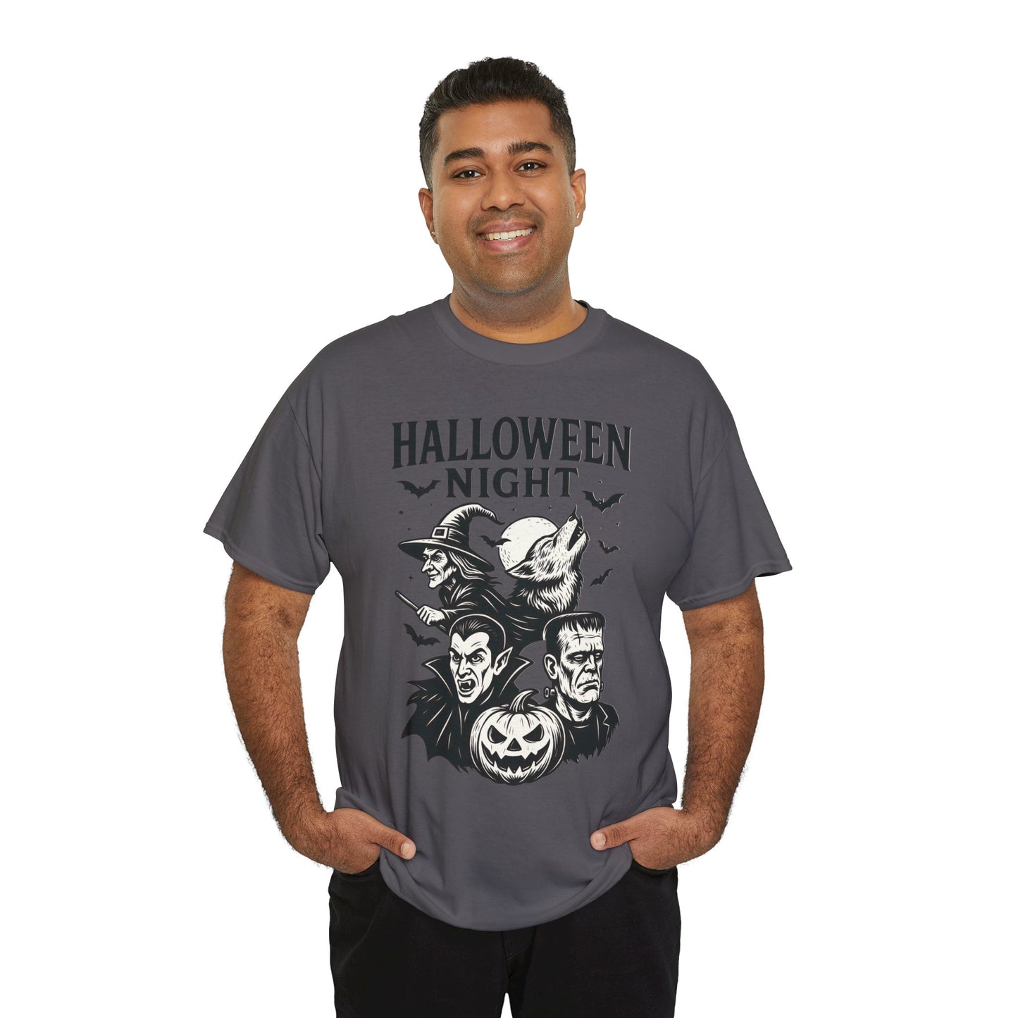 Halloween Night Men's T-Shirt, Classic Monsters Graphic Tee, Witch, Vampire, Frankenstein, Werewolf