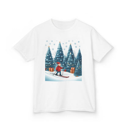 Kids Christmas Skiing T-Shirt, Cute Winter Holiday Graphic Tee, Kids Heavy Cotton™ Tee
