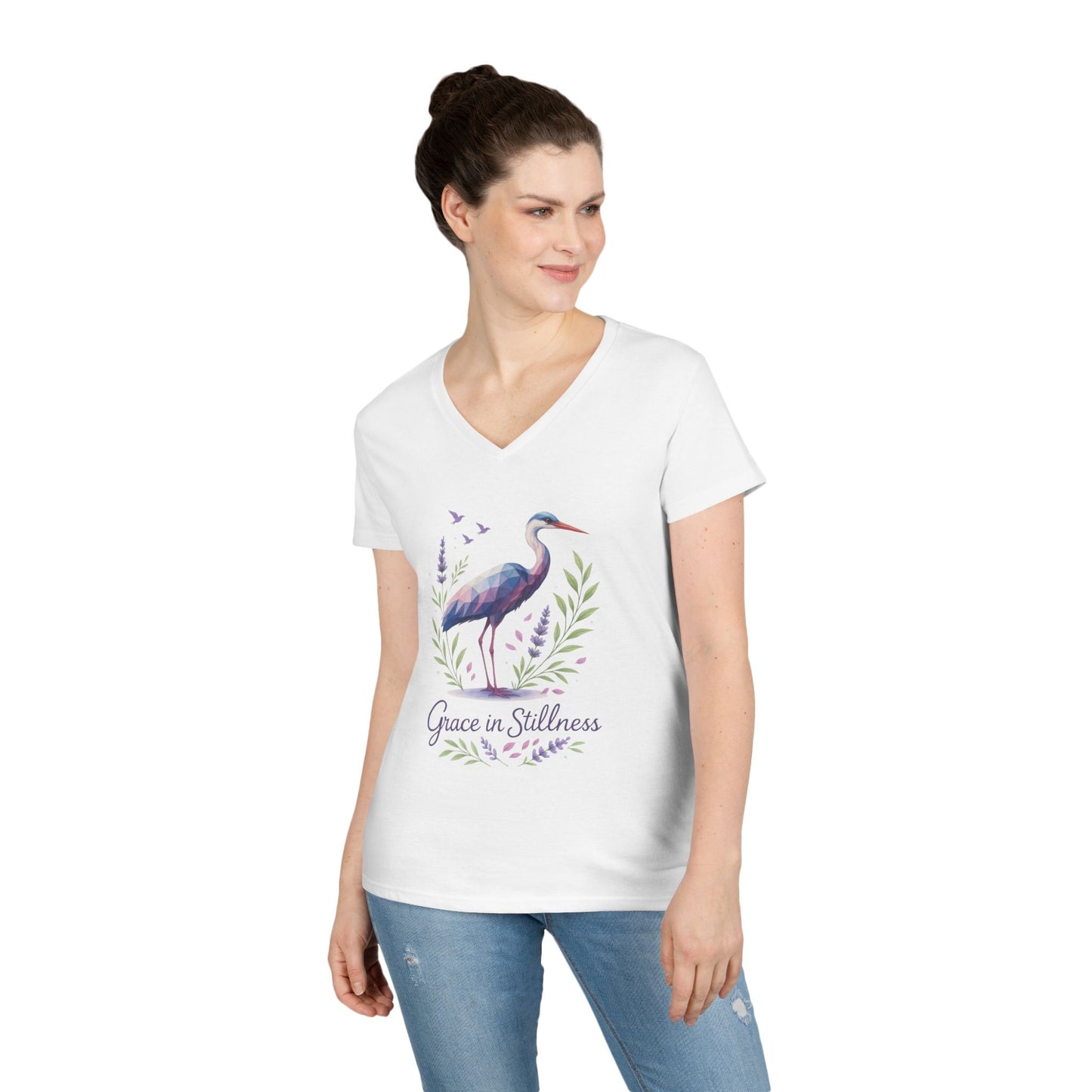 Ladies' V-Neck T-Shirt with Heron Design - Grace in Stillness, Relaxed Fit, Nature-Inspired Gift, Travel Tee, Summer Fashion