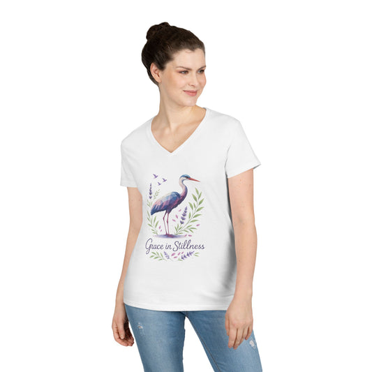 Ladies' V-Neck T-Shirt with Heron Design - Grace in Stillness, Relaxed Fit, Nature-Inspired Gift, Travel Tee, Summer Fashion