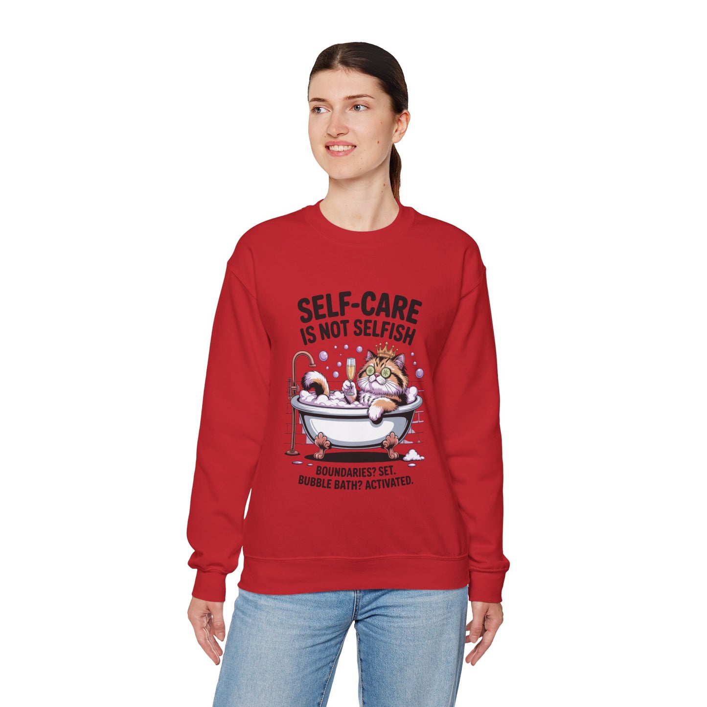 Womens Crewneck Sweatshirt, Self-Care Cat Shirt, Funny Cat Tee, Relaxing Kitty Graphic, Self Care Is Not Selfish Womens Sweatshirt