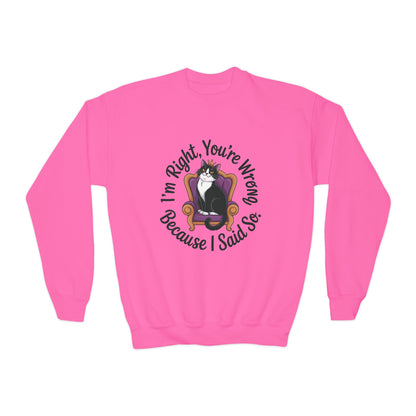 Youth Crewneck Sweatshirt, Funny Cat Sweatshirt for Girls, Im Right Youre Wrong, Tween Girl Attitude Pullover, Cute Gift for Cat Lovers