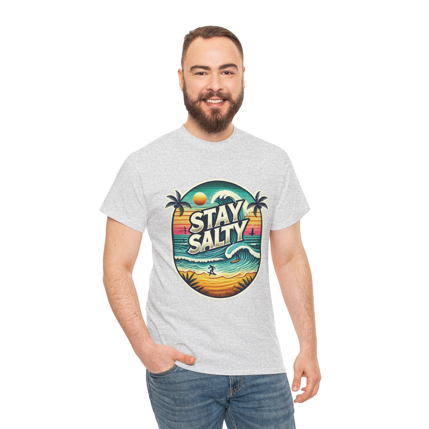Stay Salty Retro Surf Unisex Heavy Cotton Tee, Vintage Beach Sunset Graphic T-Shirt, Summer Ocean Wave Surfer Shirt, Ocean Lover Gift