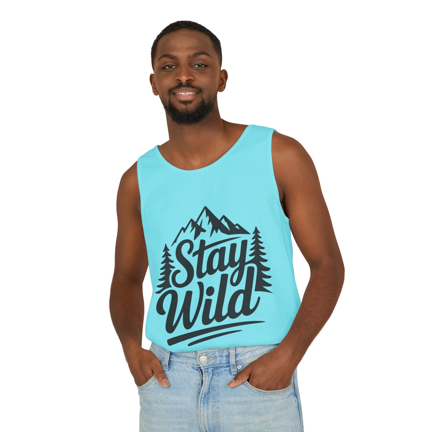 Stay Wild Garment-Dyed Mens Tank Top, Boho Summer Top, Adventure Shirt, Nature Lover Apparel, Gift for Hikers, Outdoor Clothing