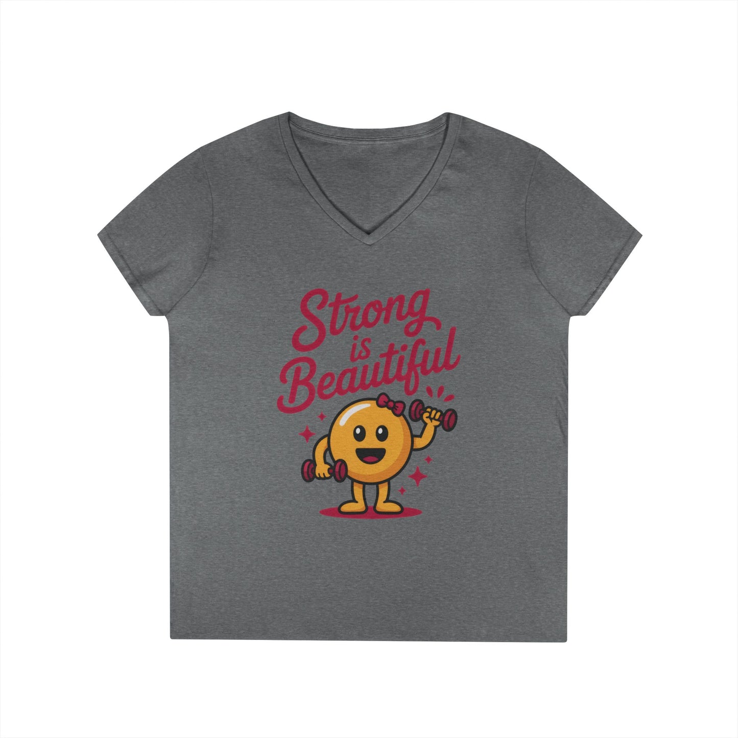 Ladies' V-Neck T-Shirt, Strong is Beautiful Womens Tee, Cute Fitness Character Tee, Inspirational Workout Shirt, Gym Motivation Gift for Her