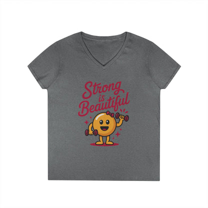 Ladies' V-Neck T-Shirt, Strong is Beautiful Womens Tee, Cute Fitness Character Tee, Inspirational Workout Shirt, Gym Motivation Gift for Her