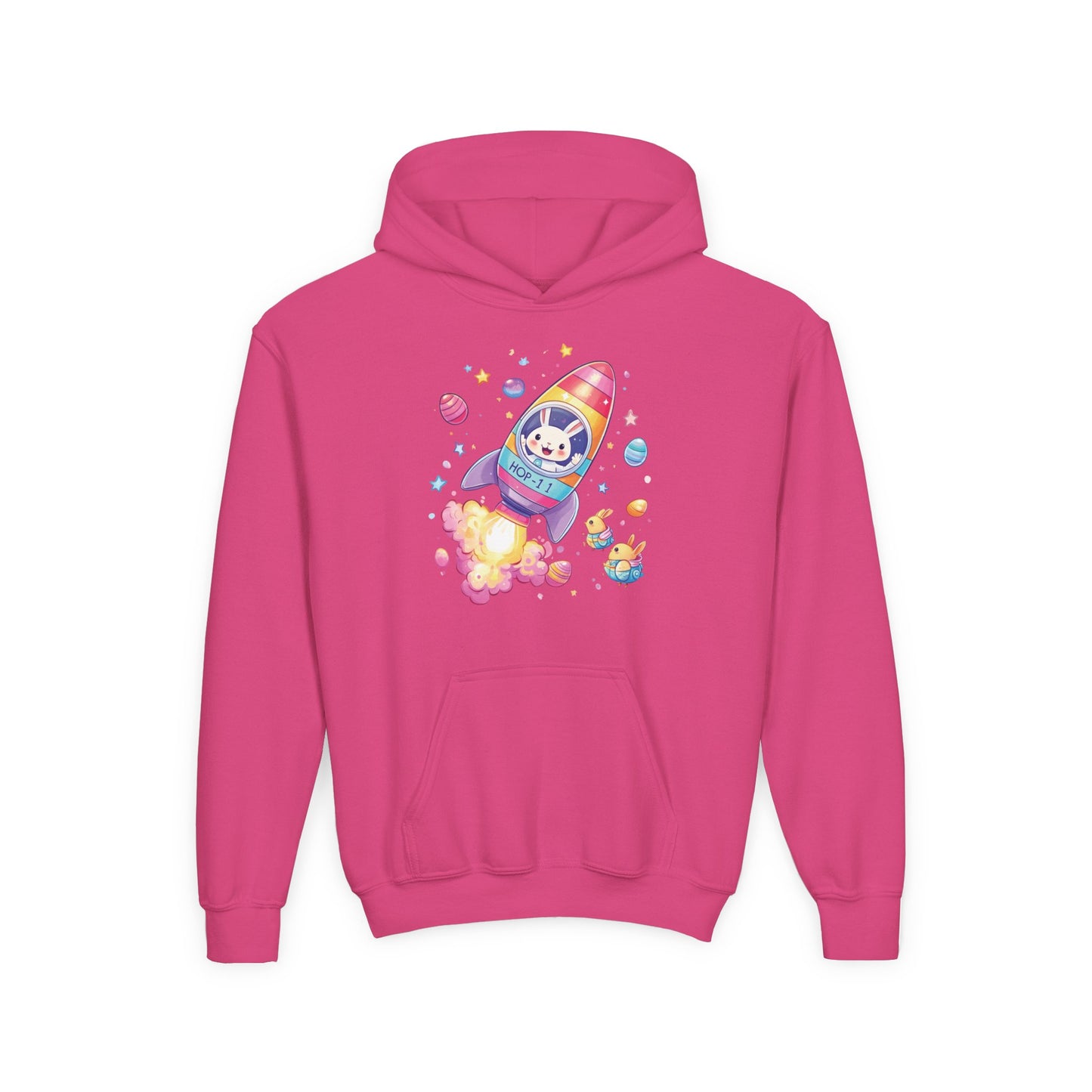 Easter Astronaut Bunny Kids Hoodie - Rocket Bunny Design with Colorful Eggs, Fun Space Adventure Sweatshirt for Spring and Holiday Gifts