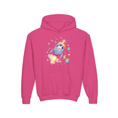 Easter Astronaut Bunny Kids Hoodie - Rocket Bunny Design with Colorful Eggs, Fun Space Adventure Sweatshirt for Spring and Holiday Gifts