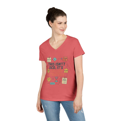 Funny Womens Strategy V-Neck T-Shirt, This Isnt OCD Its Called Strategy, Planner Girl Gift Tee, Gift for Strategists, Office Humor Top