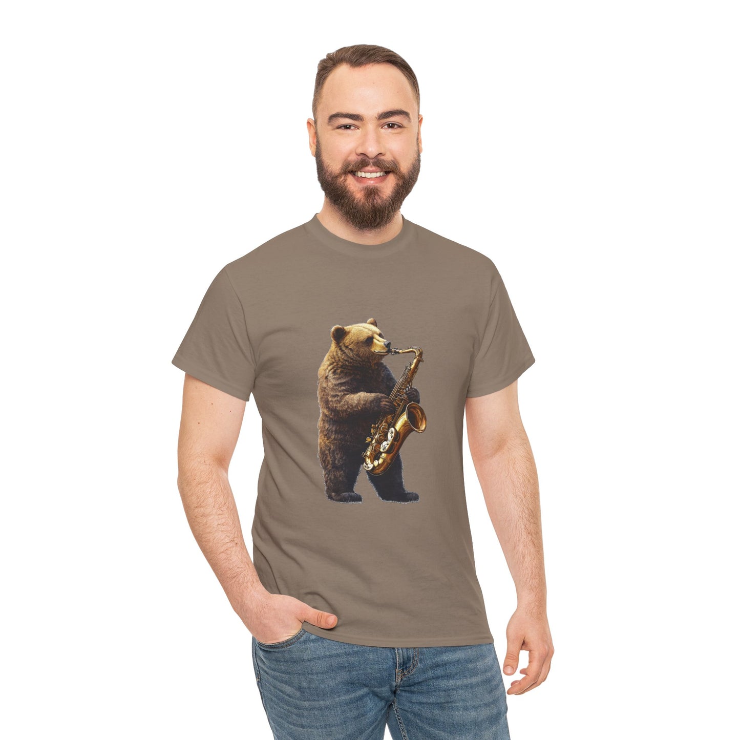Saxophone Bear Unisex Heavy Cotton Tee, Music Lover Shirt, Gift for Musicians, Cute Animal Tee, Fun Jazz T-Shirt