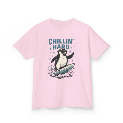 Kids Heavy Cotton™ Tee, Kids Chillin Hard Penguin T-Shirt, Funny Cool Animal Graphic Tee for Children