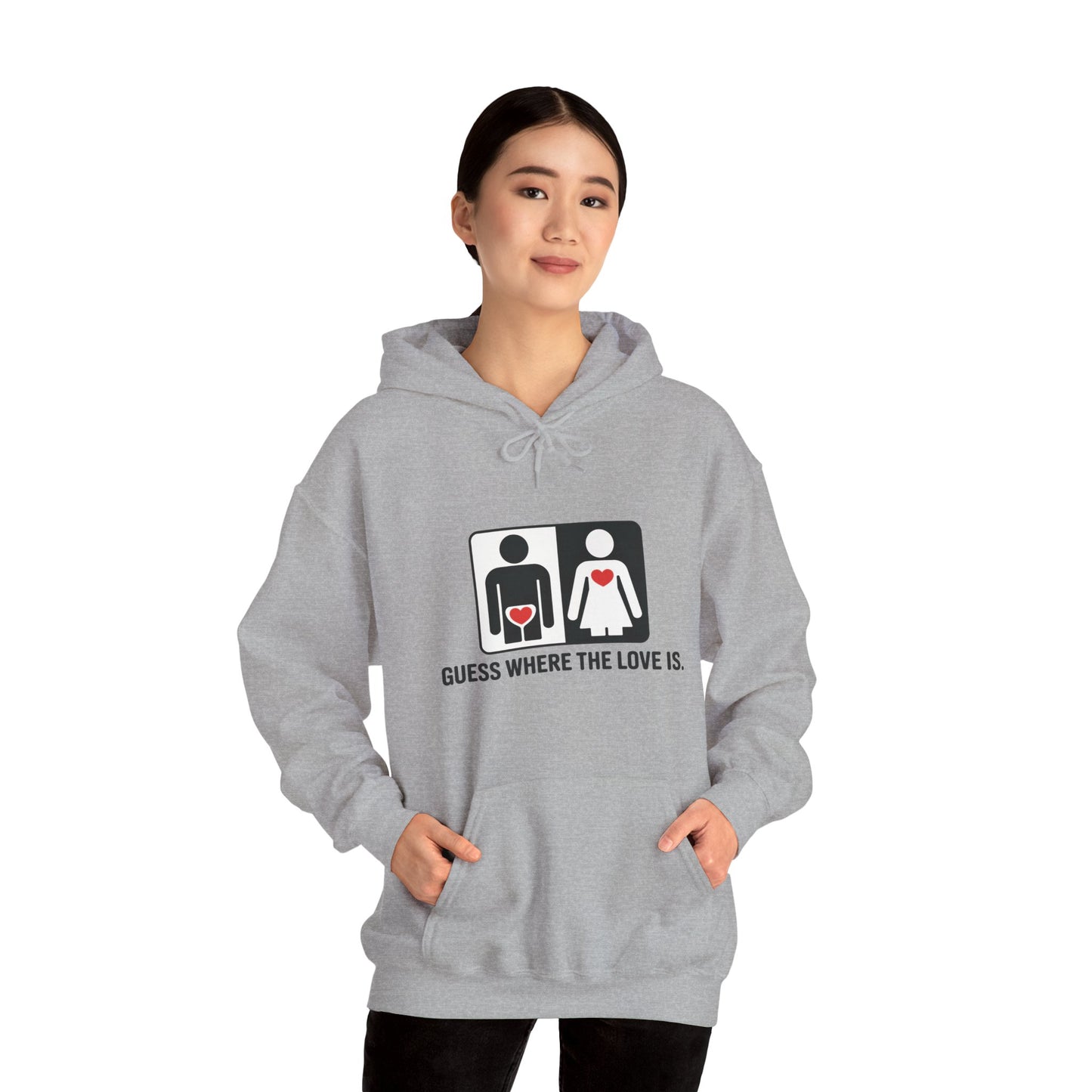 Cute Guess Where The Love Is Mens Hoodie, Sweatshirt for Couples, Valentines Day Gift, Relationship Humor Hoodie, Bold Love Joke Hoodie