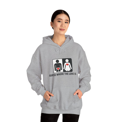 Cute Guess Where The Love Is Mens Hoodie, Sweatshirt for Couples, Valentines Day Gift, Relationship Humor Hoodie, Bold Love Joke Hoodie
