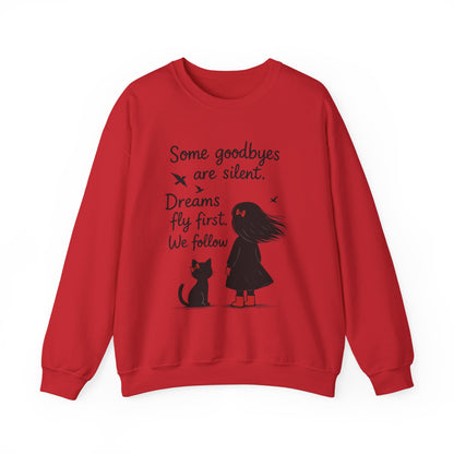 Cozy Farewell Girl & Cat Pullover, Hand Drawn Red Dress Art, Minimalist Womens Crewneck