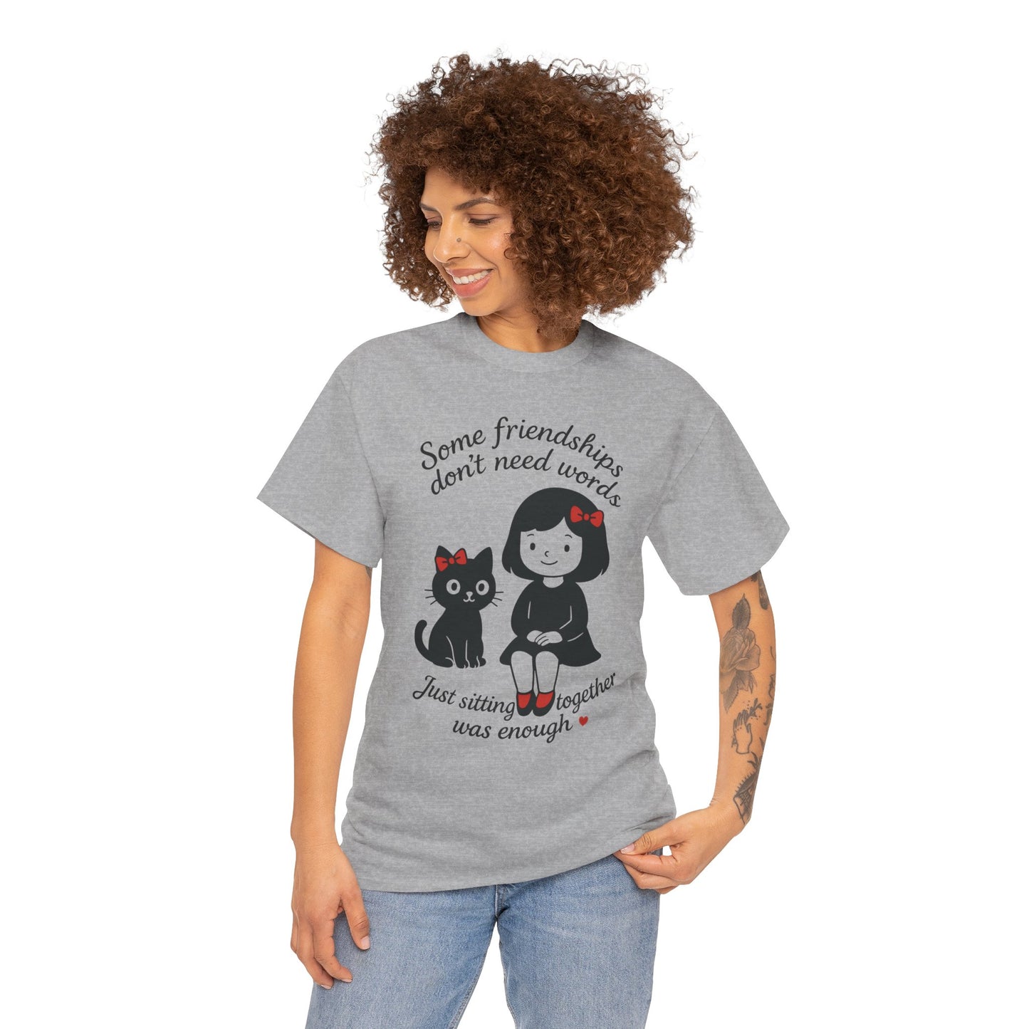 Cute Cat & Girl Graphic Tee, Playful Gift for Cat Lovers, Cat and Girl Design, Gift for Cat Owners, Women's Cotton T-Shirt