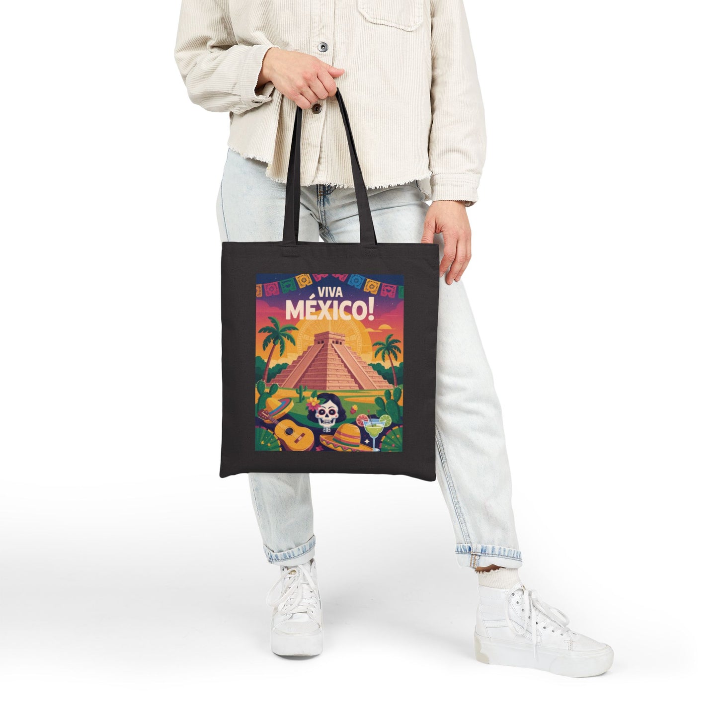 Viva Mexico Cotton Canvas Tote Bag, Eco-Friendly Grocery Bag, Bohemian Beach Bag, Travel Tote, Day of the Dead Gift