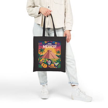 Viva Mexico Cotton Canvas Tote Bag, Eco-Friendly Grocery Bag, Bohemian Beach Bag, Travel Tote, Day of the Dead Gift