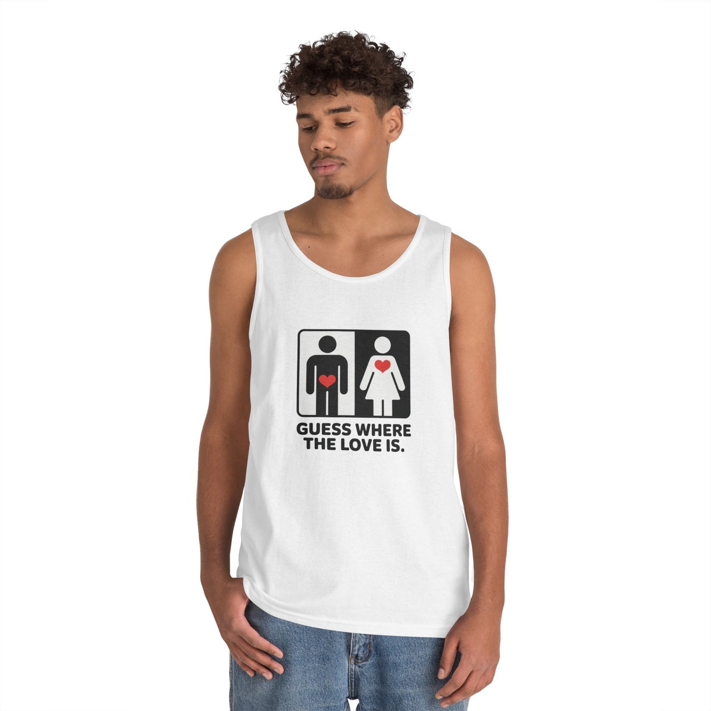 Cute Guess Where The Love Is Mens Tank, Couples Gift, Valentines Day Gift, Relationship Humor Shirt, Funny Tank for Him, Bold Love Joke Tank
